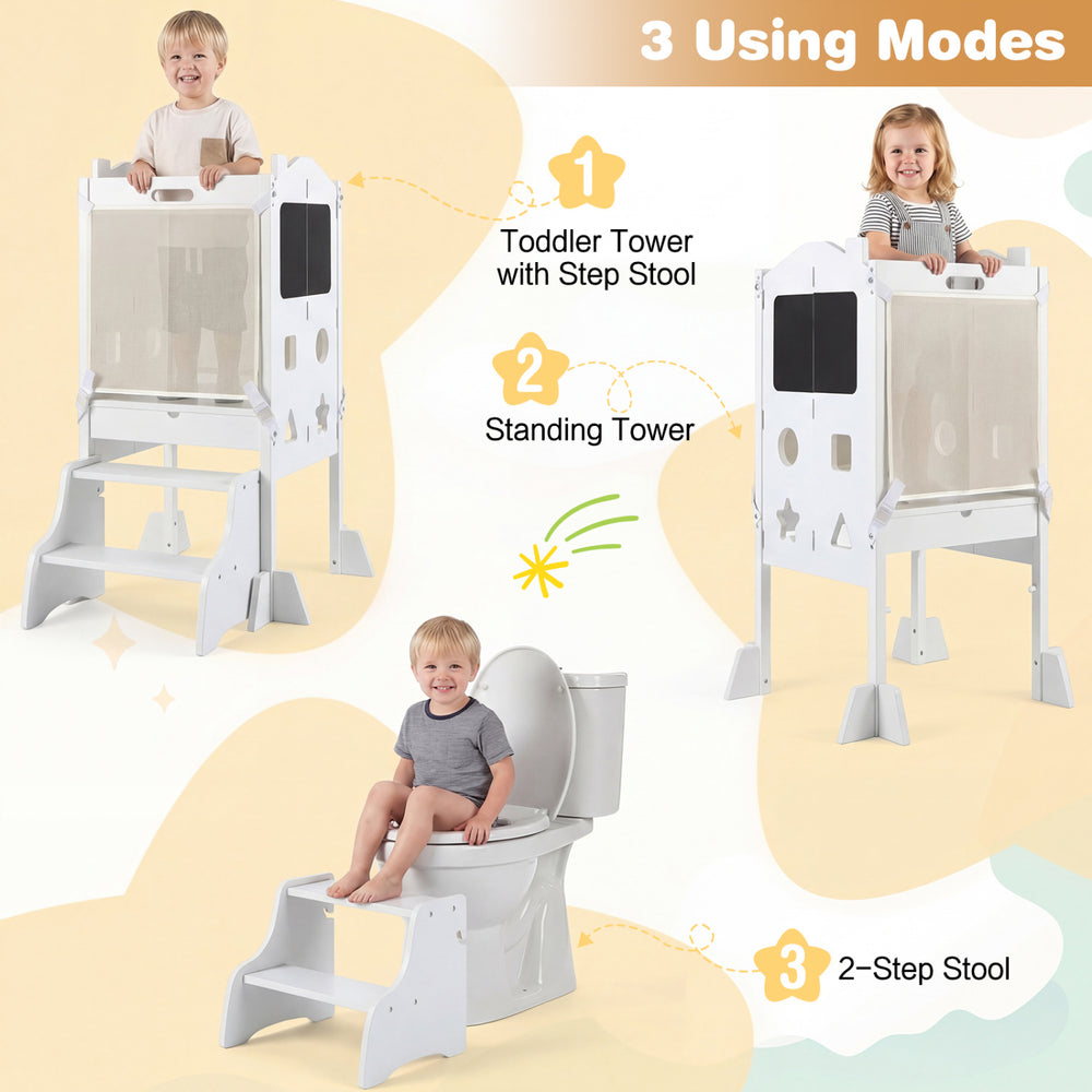Foldable toddler step stool in white, shown as a standing tower with chalkboards for creative play and safety features.