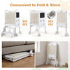 Foldable toddler step stool in white with chalkboards, designed for safe use and easy storage, ideal for kids'.