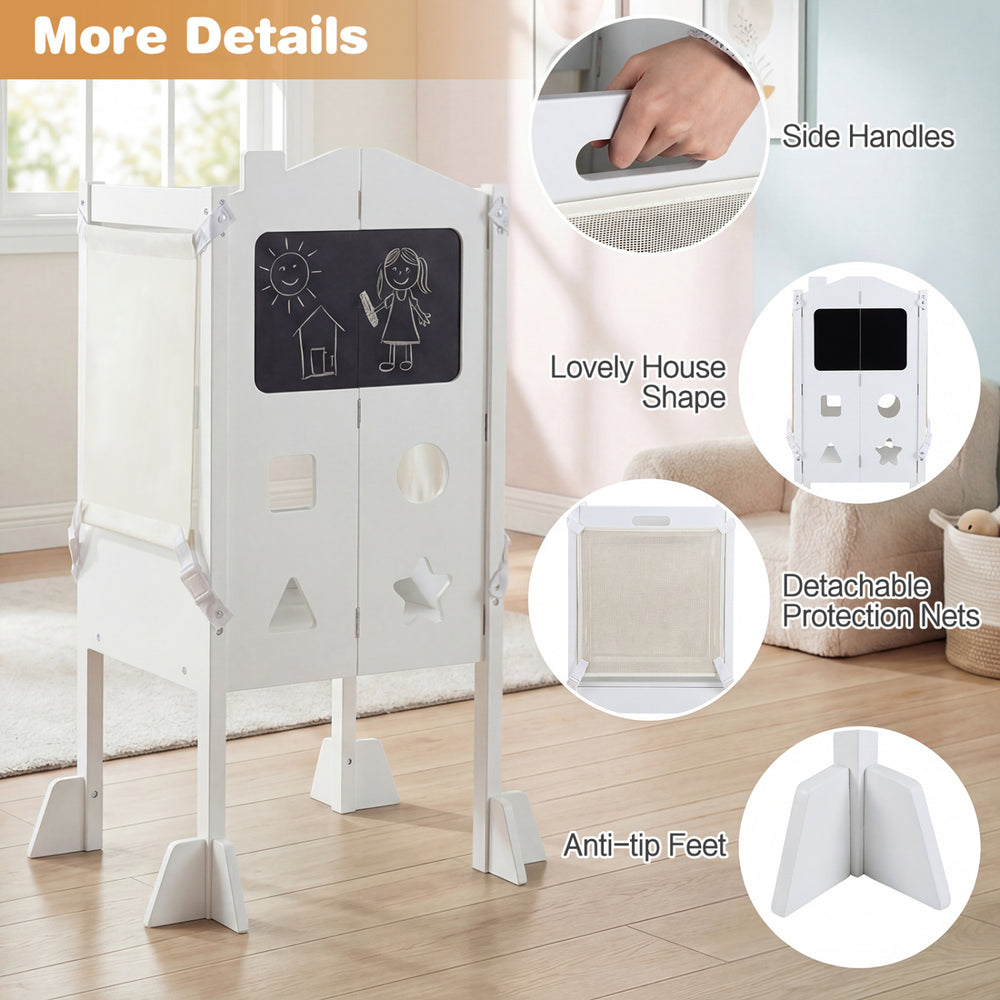 Foldable toddler step stool in white with chalkboards, anti-tip feet, and safety nets for creative and safe use.