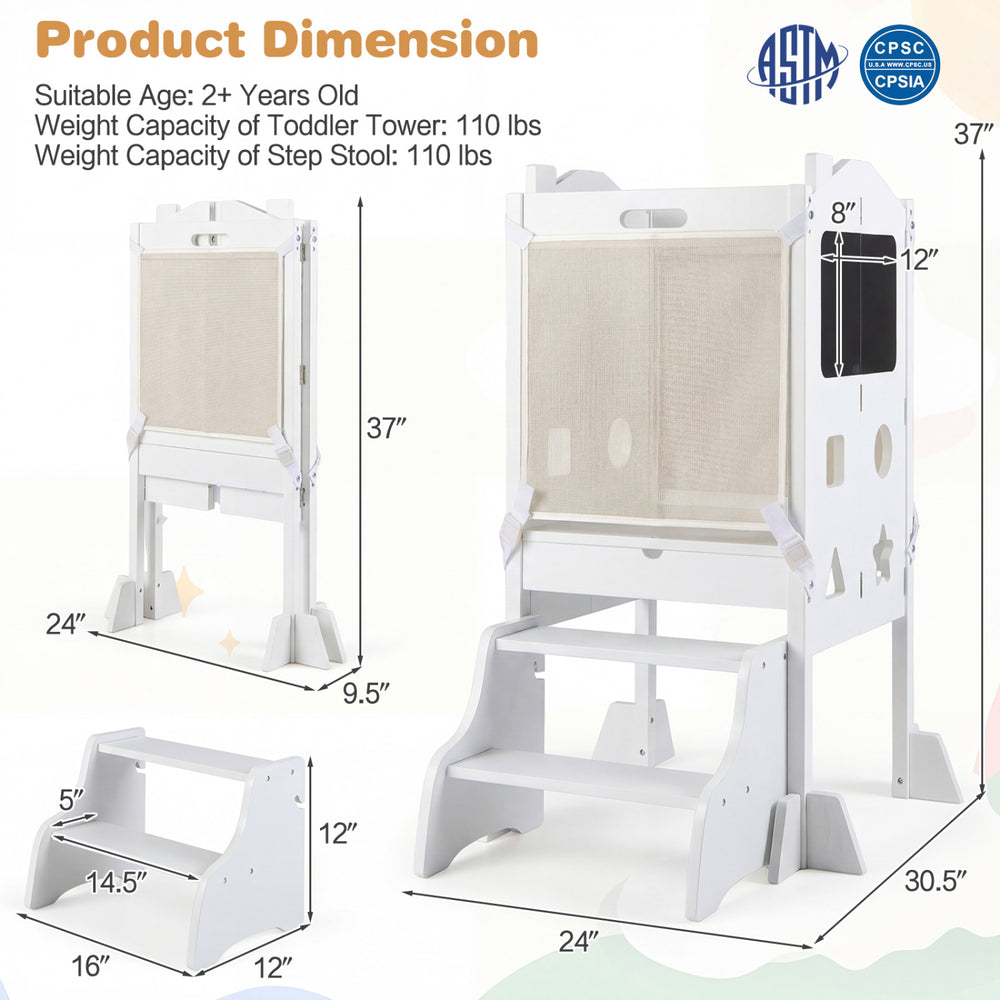 Foldable toddler step stool with chalkboards, 2-step design in white, ideal for kids to reach heights safely.