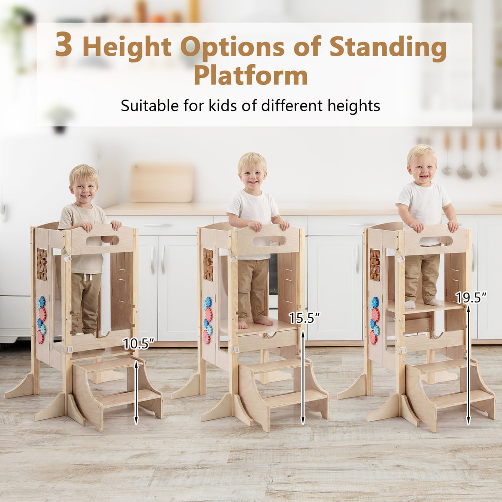 Foldable toddler step stool with three height options, ideal for kids to safely reach kitchen counters and engage in.