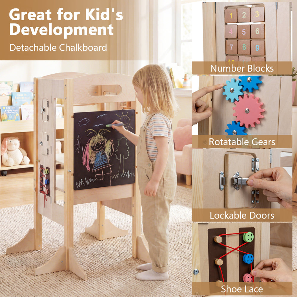 Foldable wooden toddler step stool with detachable chalkboard, gears, and lockable doors for interactive play and.