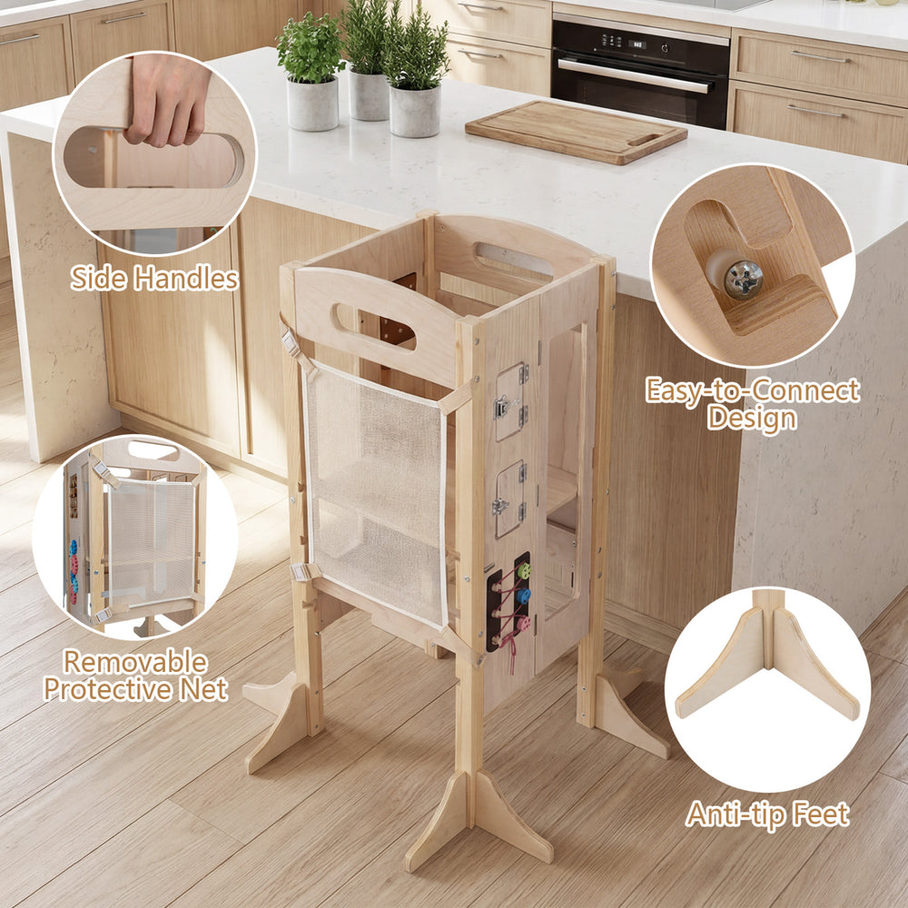 Foldable wooden toddler step stool with side handles, removable net, and anti-tip feet for kitchen safety and support.