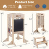 Foldable toddler step stool with dimensions displayed, featuring a sturdy design for safe kitchen use and easy storage.