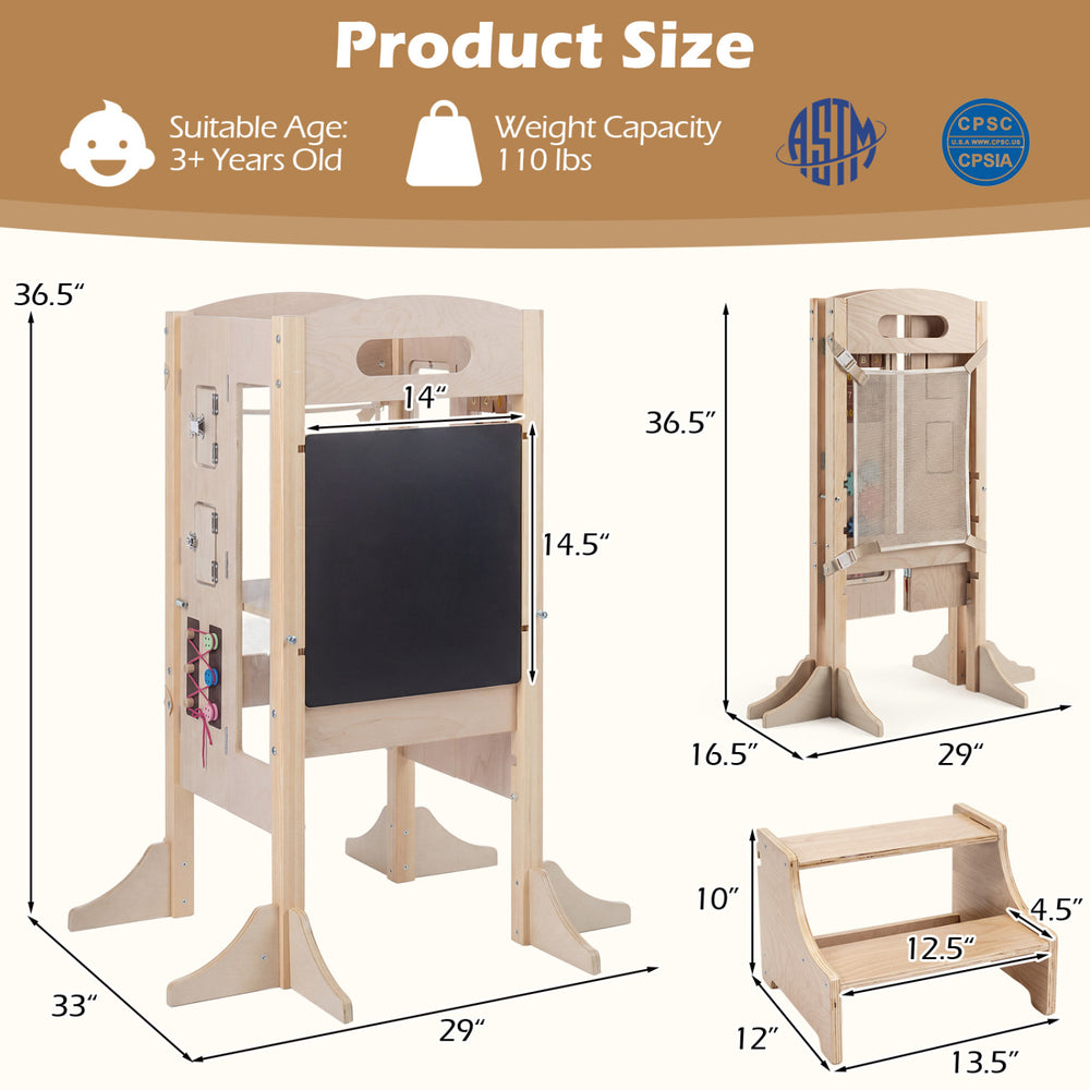 Foldable toddler step stool with dimensions displayed, featuring a sturdy design for safe kitchen use and easy storage.