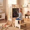 Foldable toddler tower with 2-step stool, sturdy wooden frame, and safety net for creative learning and play.