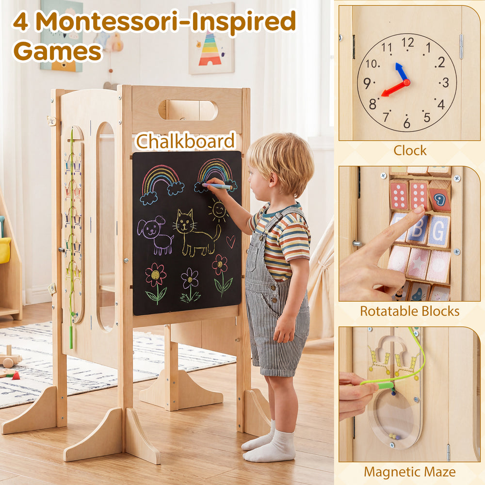 Foldable toddler tower with 2-step stool, sturdy wooden frame, and safety net for enhanced security and learning.