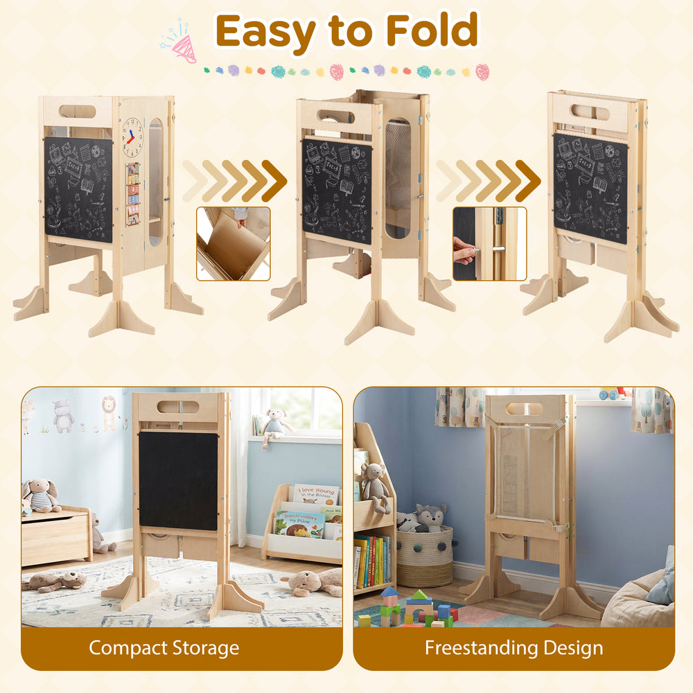 Foldable toddler tower with 2-step stool, sturdy wooden frame, and safety net for secure, independent play and learning.