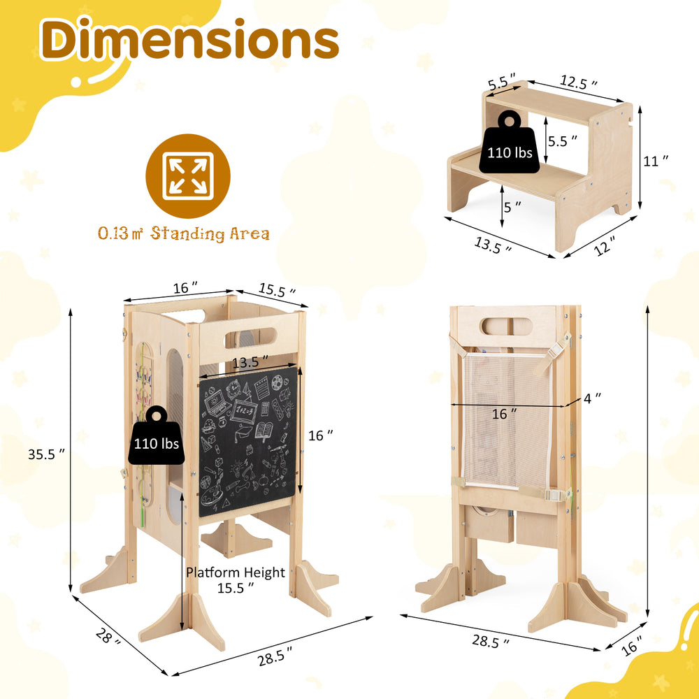 Foldable toddler tower with 2-step stool, safety net, and sturdy wooden frame for enhanced child safety and.