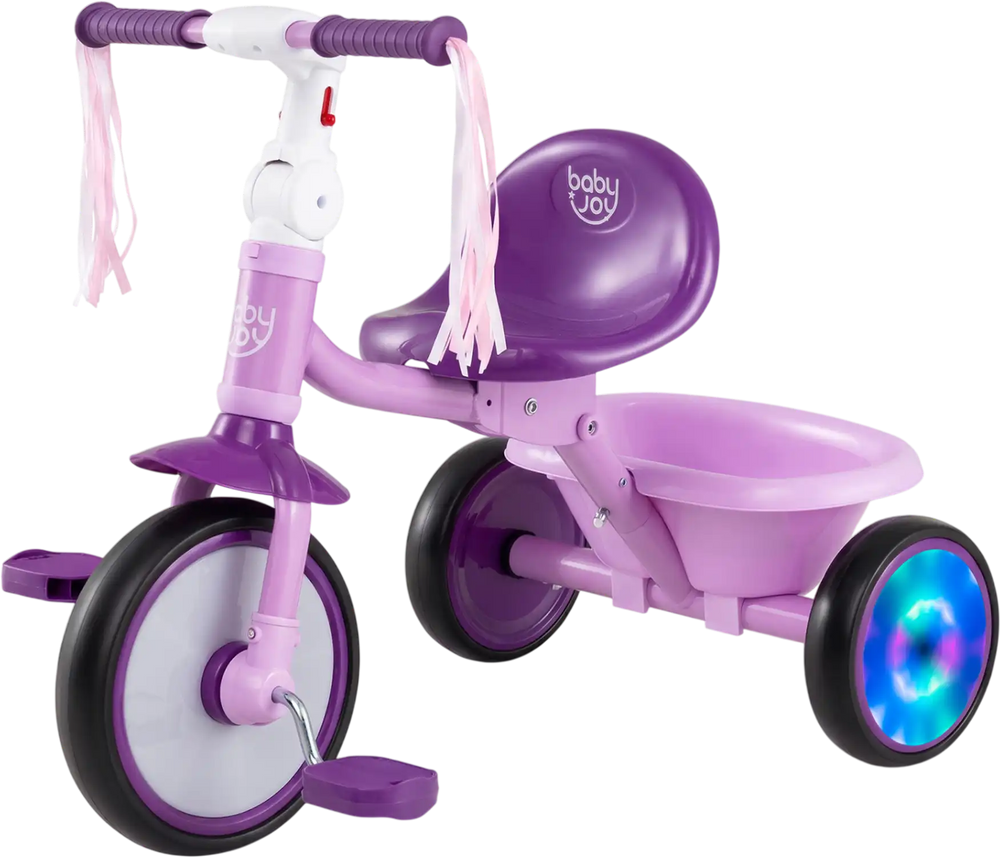 Foldable purple toddler tricycle with lighting wheels, adjustable seat, and rear basket for fun outdoor rides.