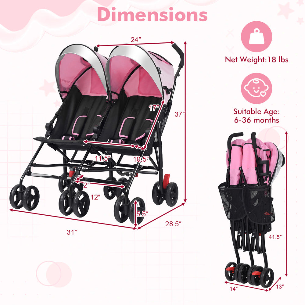 Foldable twin baby double stroller in pink with adjustable backrest, ventilated canopy, and 360-degree swivel wheels.