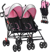 Foldable twin baby double stroller in pink with adjustable backrest, 360-degree swivel wheels, and UV-blocking canopy.
