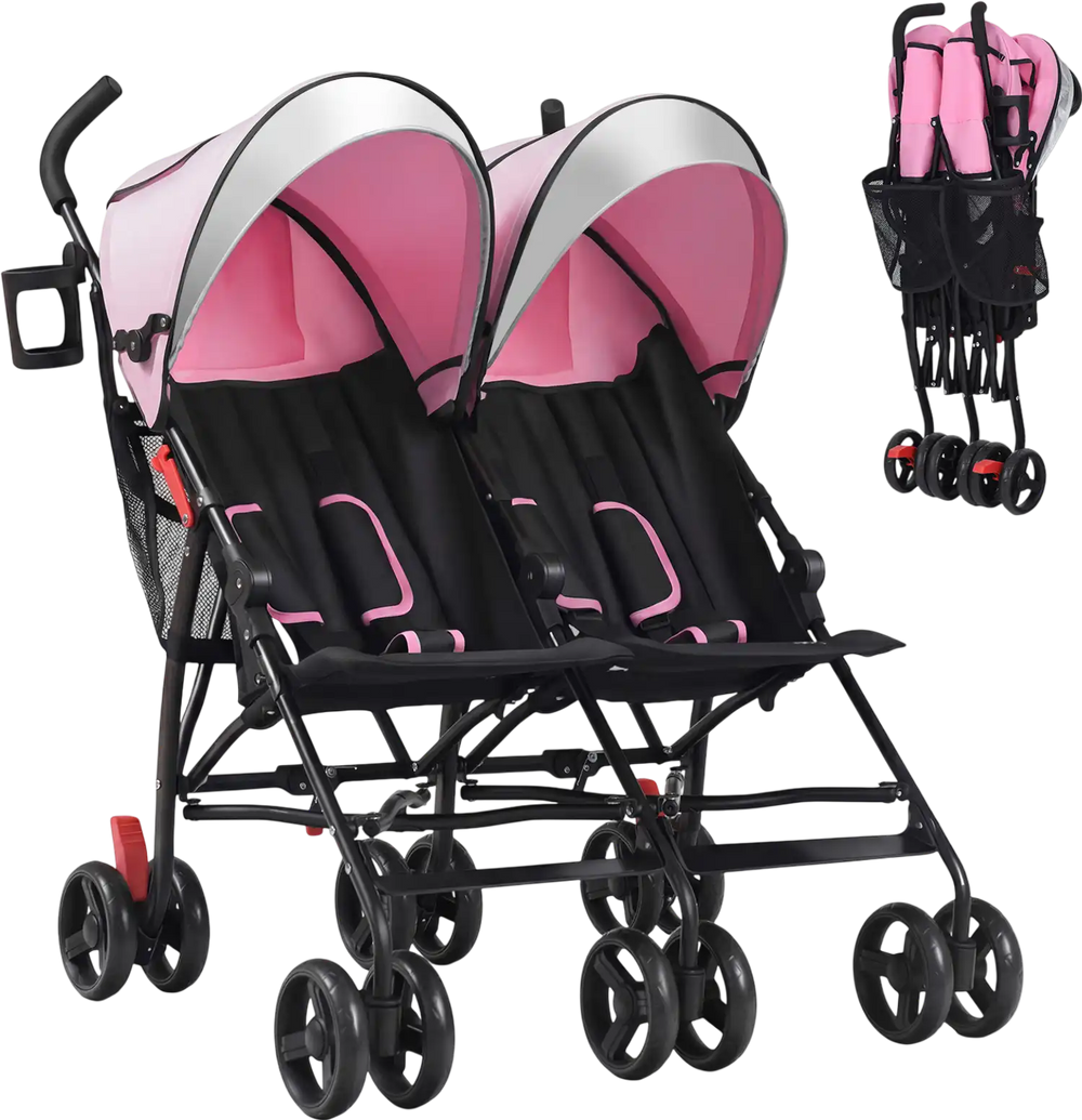 Foldable twin baby double stroller in pink with adjustable backrest, 360-degree swivel wheels, and UV-blocking canopy.