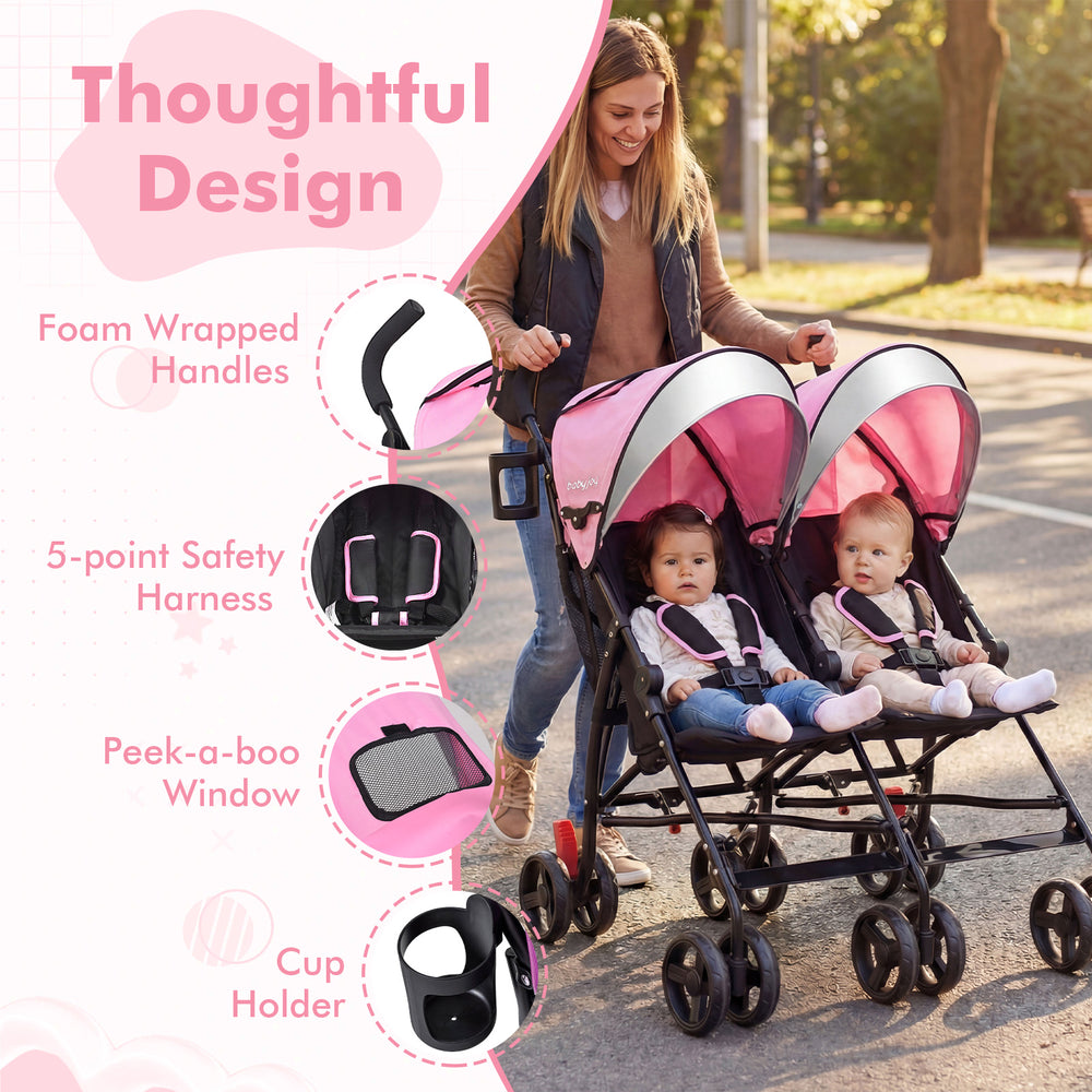Twin baby double stroller in pink with 5-point safety harness and cup holder, perfect for travel with two kids.