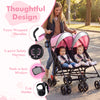 Twin baby double stroller in pink with 5-point safety harness and cup holder, perfect for travel with two kids.