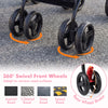 360-degree swivel front wheels of the pink foldable twin baby stroller for smooth maneuverability on various surfaces.