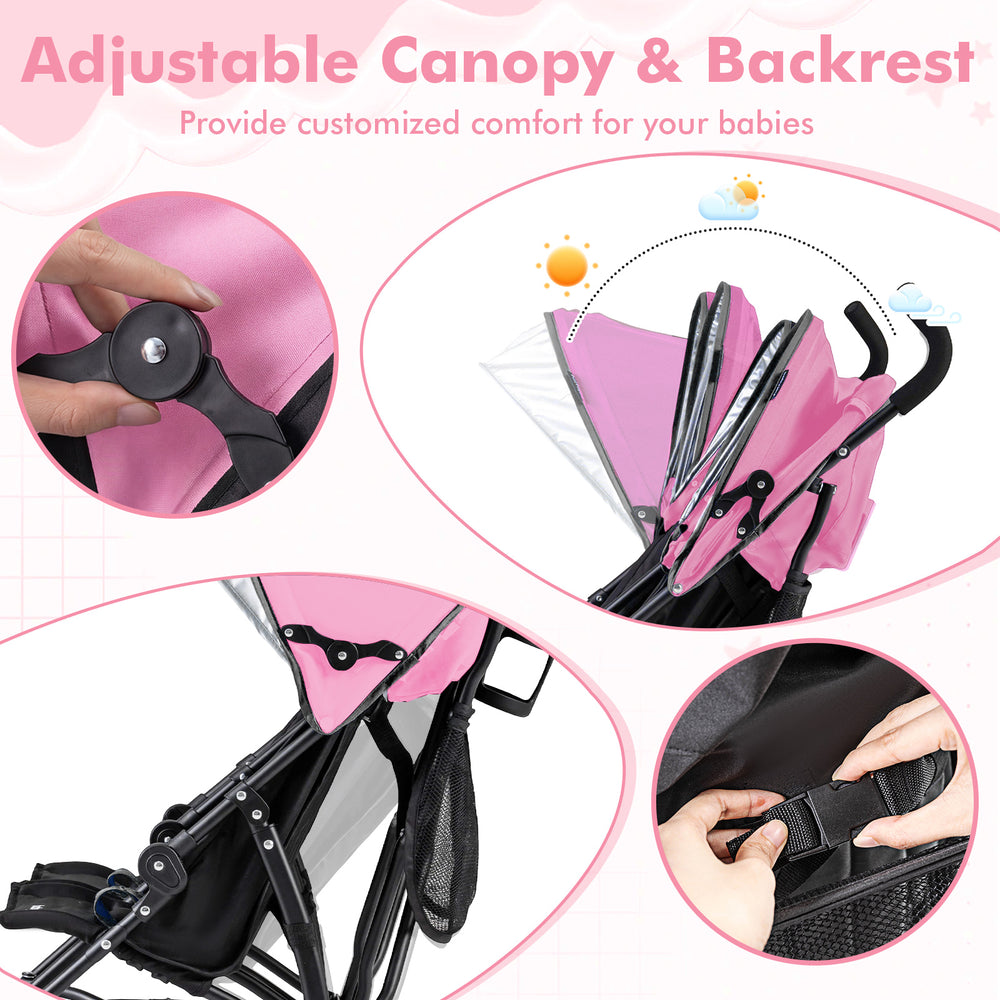 Adjustable pink canopy and backrest of the foldable twin baby stroller for customized comfort and UV protection.