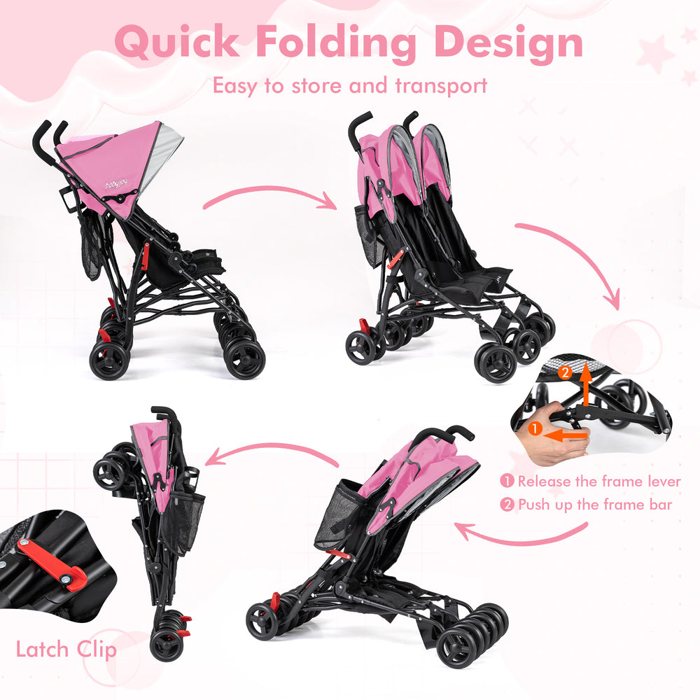 Foldable twin baby stroller in pink with quick umbrella fold, 360-degree swivel wheels, and ventilated canopy for.