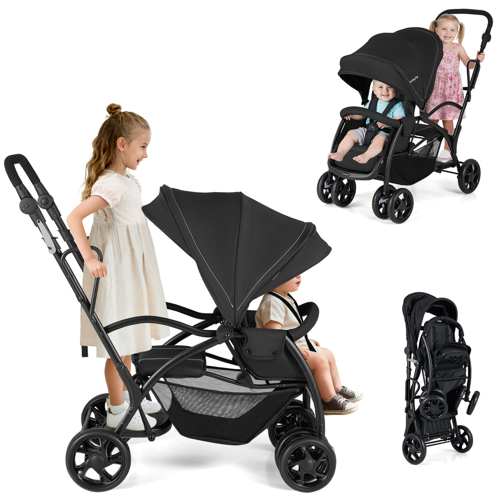 Foldable twin tandem stroller in black with adjustable handlebar, featuring sit and stand options for kids and ample.