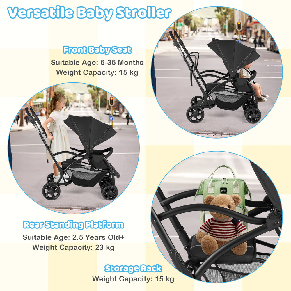 Foldable twin tandem stroller in black with adjustable handlebar, suitable for kids 6 months to 2.5 years, featuring a.