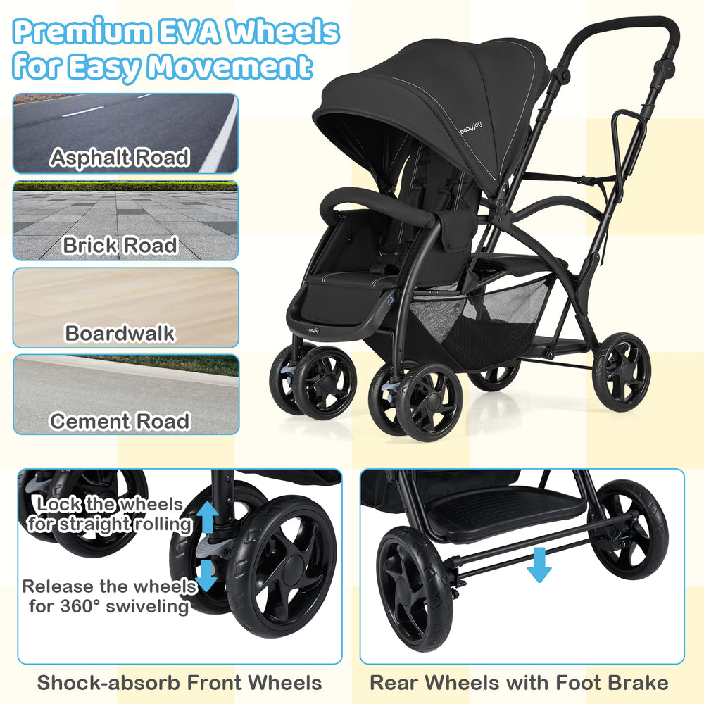 Foldable twin tandem stroller in black with adjustable handlebar, premium wheels, and one-button folding for easy.