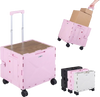 Foldable pink utility cart with wheels, cup holder, and adjustable handle for convenient storage and transport.