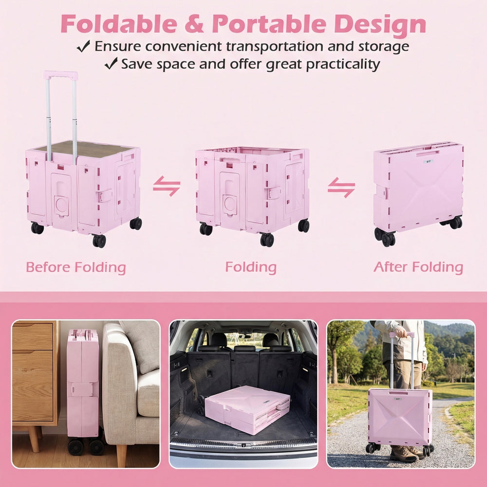 Foldable utility cart in pink with wheels and cup holder, ideal for groceries and easy storage in cars or closets.