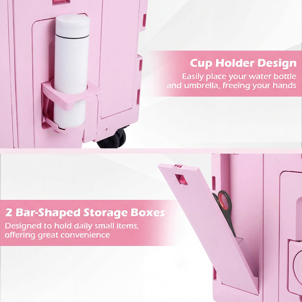 Foldable utility cart in pink featuring a cup holder and two bar-shaped storage boxes for convenient organization.
