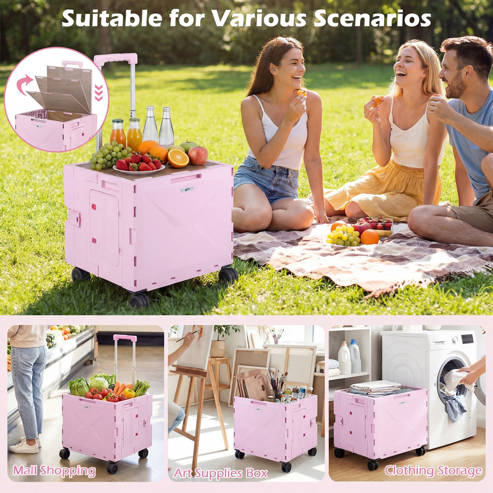 Foldable utility cart in pink with 4 wheels, cup holder, and large storage space for shopping and daily essentials.
