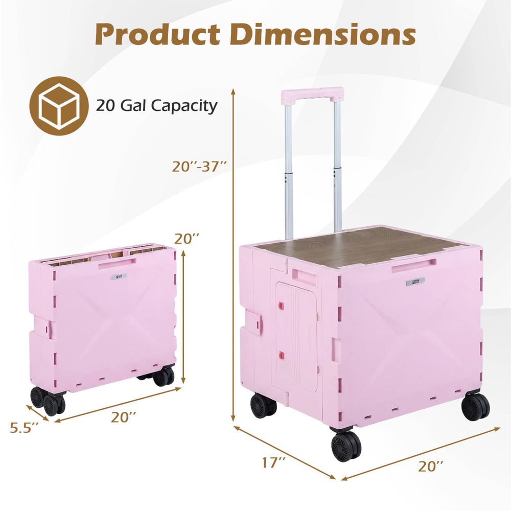 Foldable pink utility cart with 20-gal capacity, adjustable handle, and 4 wheels for easy transport and storage.
