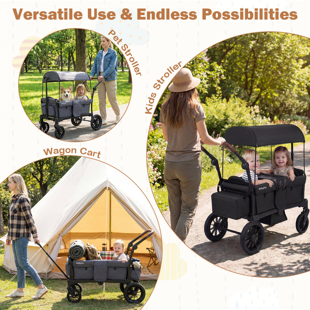 Foldable gray wagon stroller for 2 kids with removable canopy, adjustable handle, and large storage bag for outings.