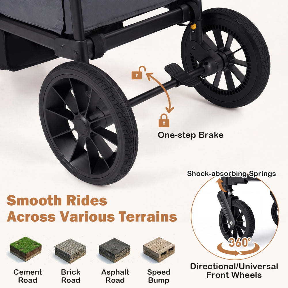 Foldable gray wagon stroller for 2 kids with EVA wheels, removable canopy, and one-step brake for secure rides.
