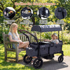 Side view of the foldable gray wagon stroller for 2 kids, showcasing the spacious seating and removable snack tray for.