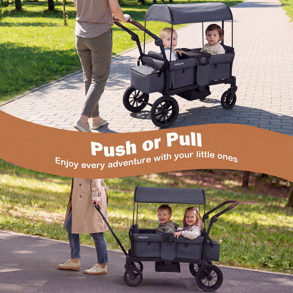 Foldable gray wagon stroller for 2 kids with breathable mesh windows and adjustable canopy for comfort and visibility.