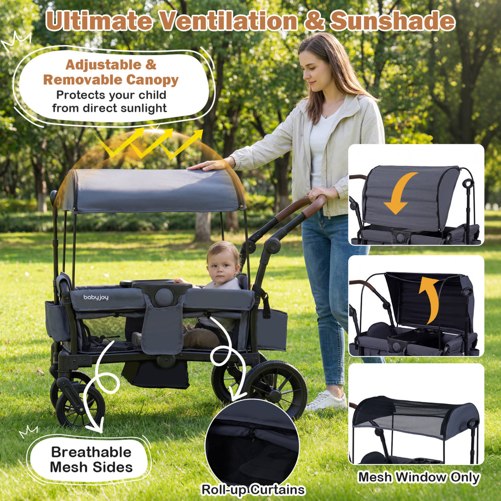Foldable gray wagon stroller for 2 kids with removable canopy, breathable mesh sides, and adjustable pull handle for.