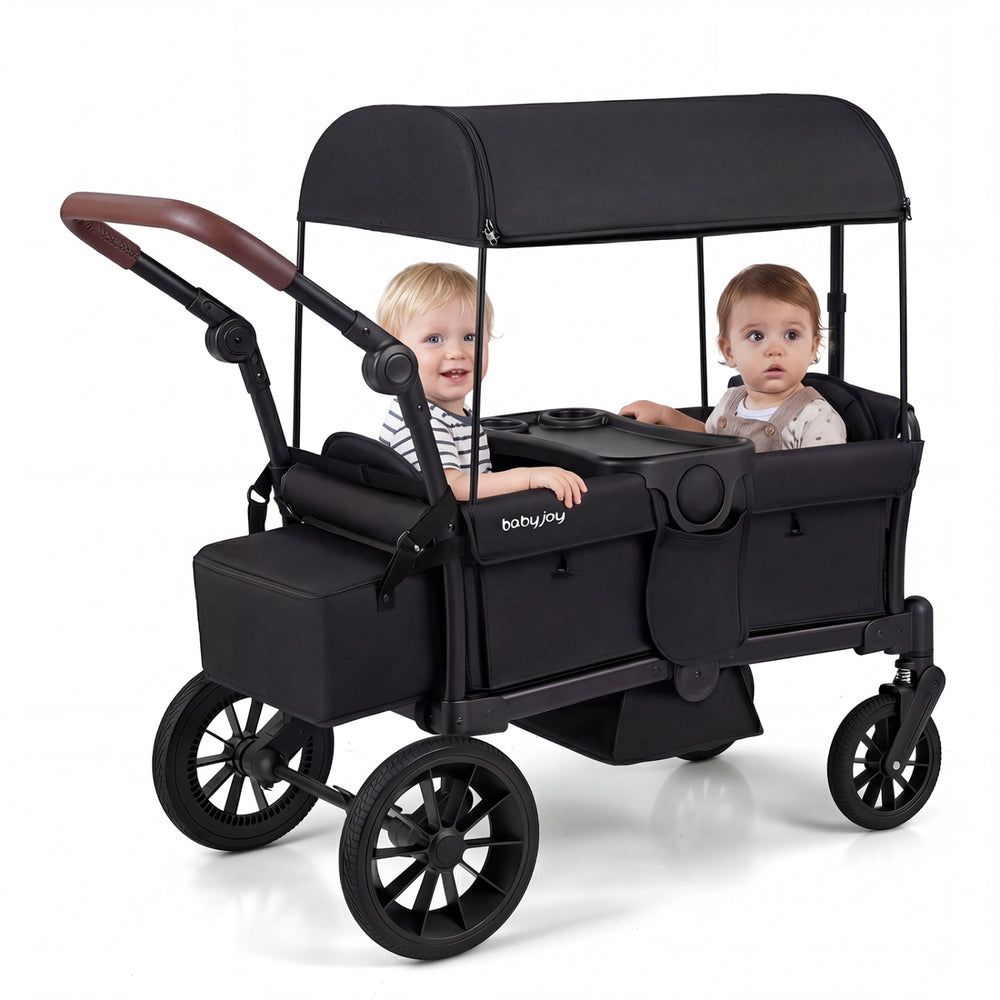 Foldable Wagon Stroller for 2 Kids Double Seater Toddler Stroller with Removable Canopy-Black - Gallery View 1 of 10