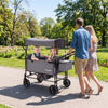 Foldable wagon stroller for 2 kids in gray with removable canopy, adjustable handle, and safety buckles for secure.