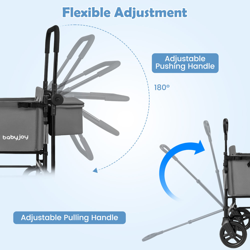 Adjustable pushing and pulling handles of the gray foldable wagon stroller for versatile use and comfort.