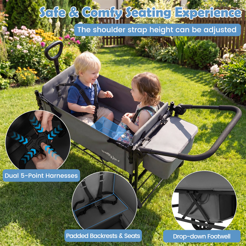 Foldable wagon stroller for 2 kids in gray, featuring padded seats, adjustable handles, and dual 5-point harnesses for.