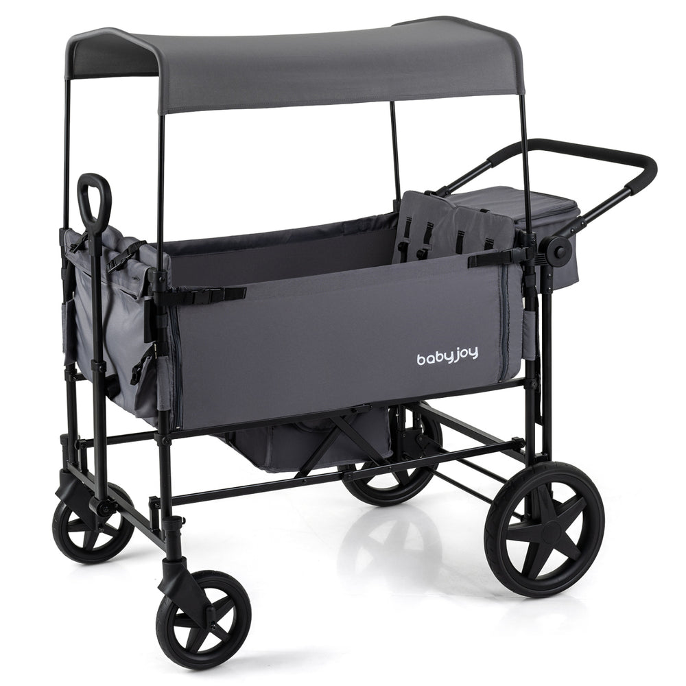 Foldable Wagon Stroller for 4 Kids with Removable Canopy and Adjustable Push-Gray - Gallery View 1 of 12