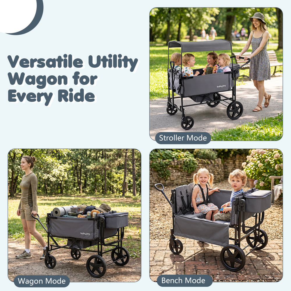 Foldable wagon stroller in gray with removable canopy, featuring stroller, wagon, and bench modes for versatile use.