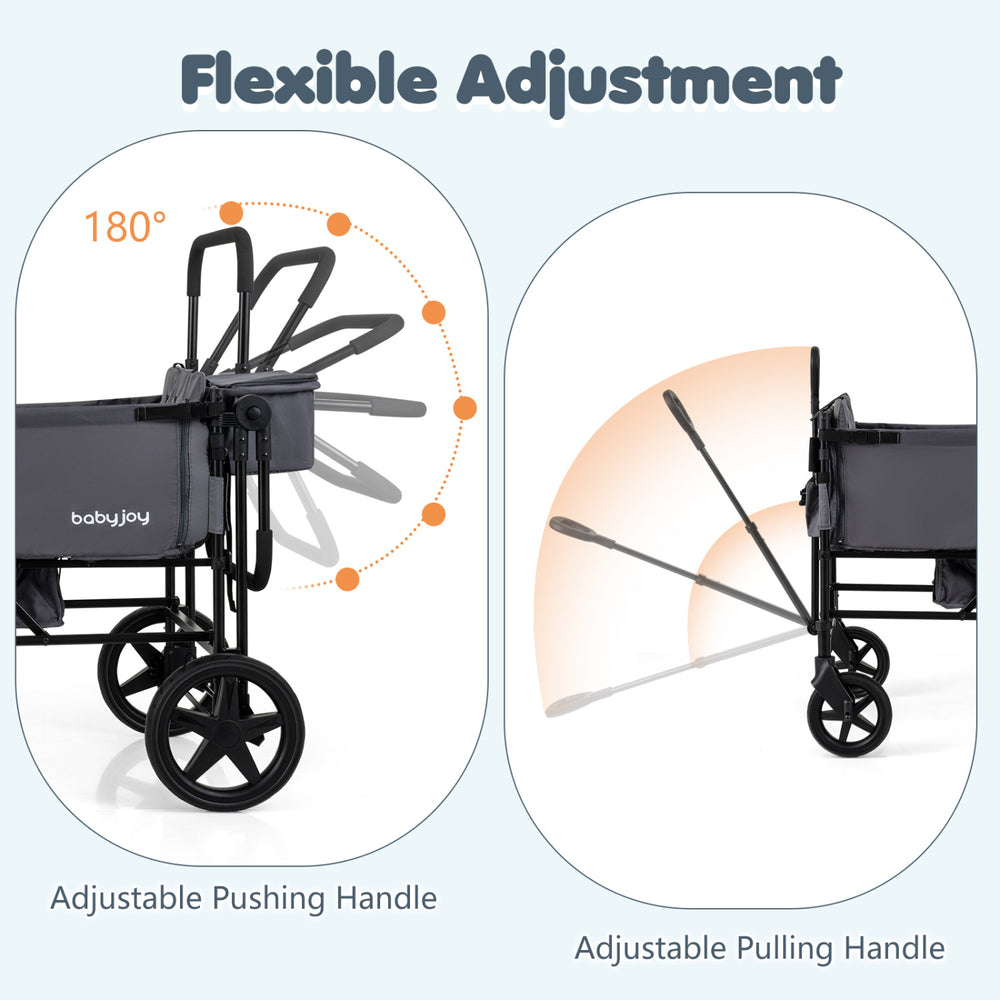 Adjustable push and pull handles of the gray foldable wagon stroller provide flexible comfort for various modes.