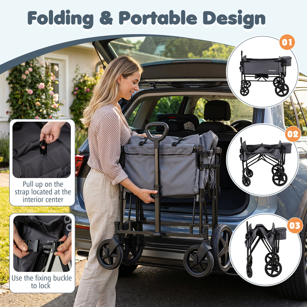 Foldable wagon stroller for 4 kids in gray, featuring a removable canopy and adjustable handles for versatile use.