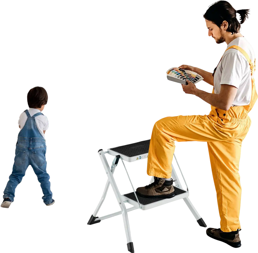 Folding 2 step ladder with anti-slip pedal, heavy-duty metal frame, ideal for home tasks and easy to transport.