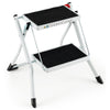 Folding 2 step ladder with anti-slip pedals and large foot pads, designed for safety and convenience in tight spaces.