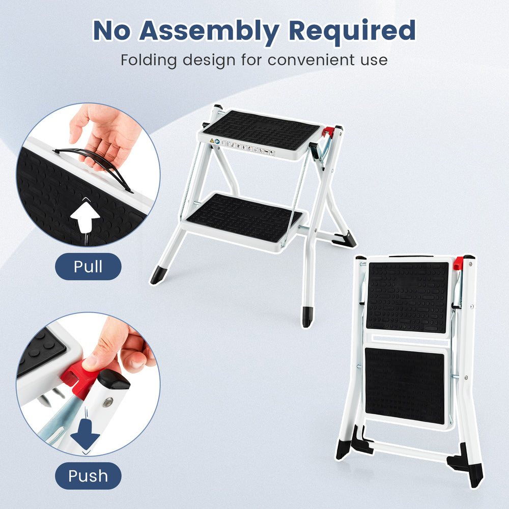 Folding 2 step ladder with anti-slip pedals, heavy-duty metal frame, and compact design for easy storage and use.