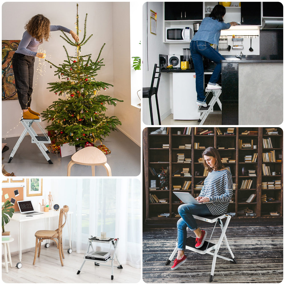 Folding 2 step ladder with anti-slip pedals, shown in various uses for home tasks and compact storage.