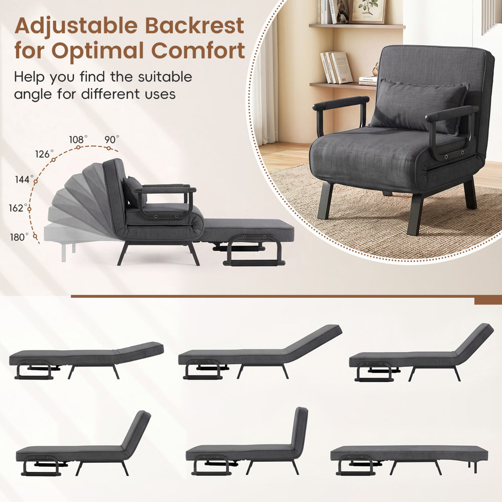 Folding 6-position convertible sleeper bed armchair in gray features adjustable backrest and soft pillow for versatile comfort.