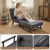 Folding gray armchair with 6-position adjustable backrest, fabric-covered armrests, and removable pillow cover for versatile use.