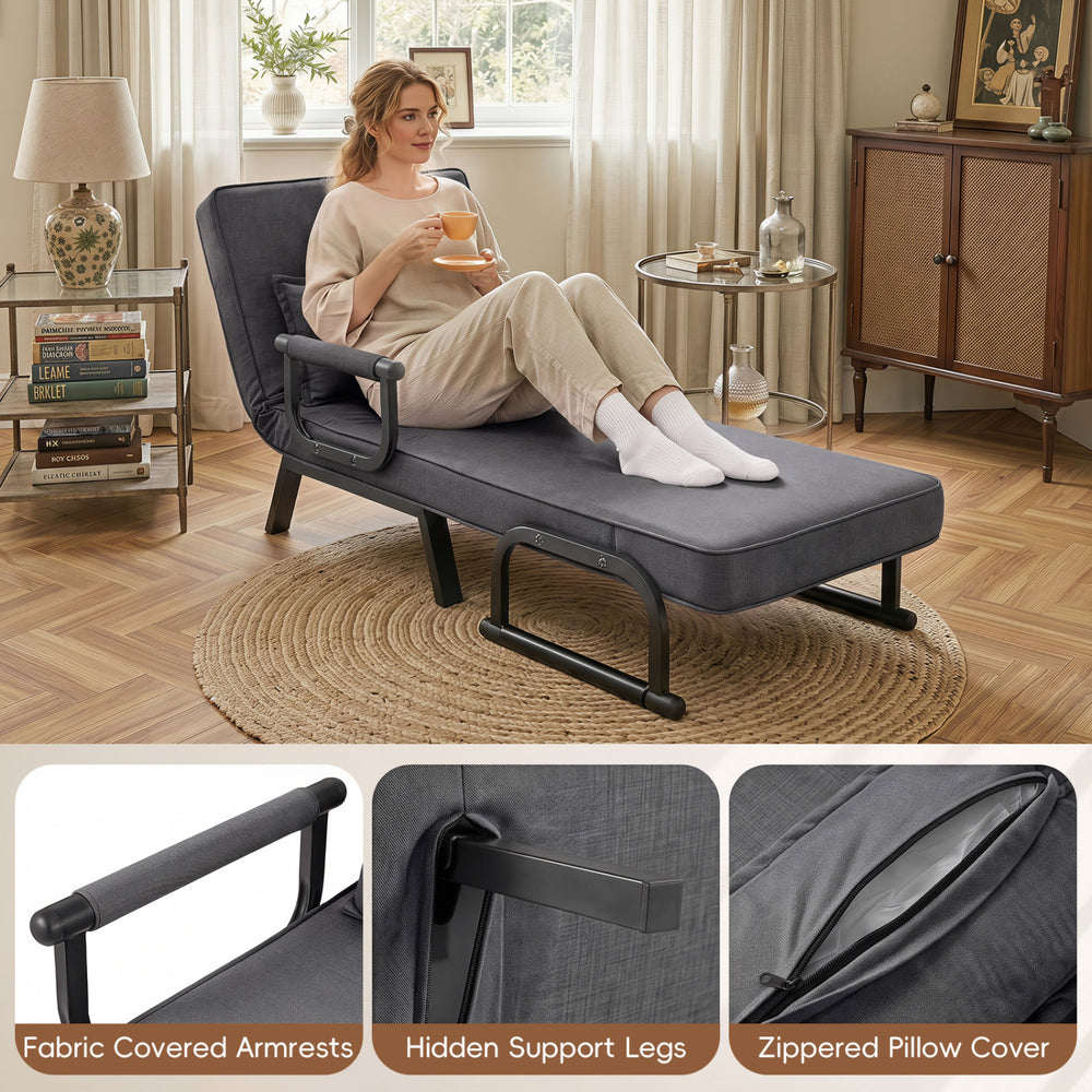 Folding gray armchair with 6-position adjustable backrest, fabric-covered armrests, and removable pillow cover for versatile use.